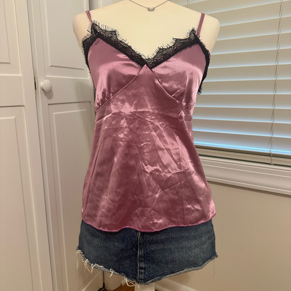 Vintage Women's Y2K Pink Satin black Lace Trim cami